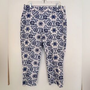 ✅ Talbots Heritage sz 14 Mosaic Blue Navy White Swirl toile Cropped Pants capri